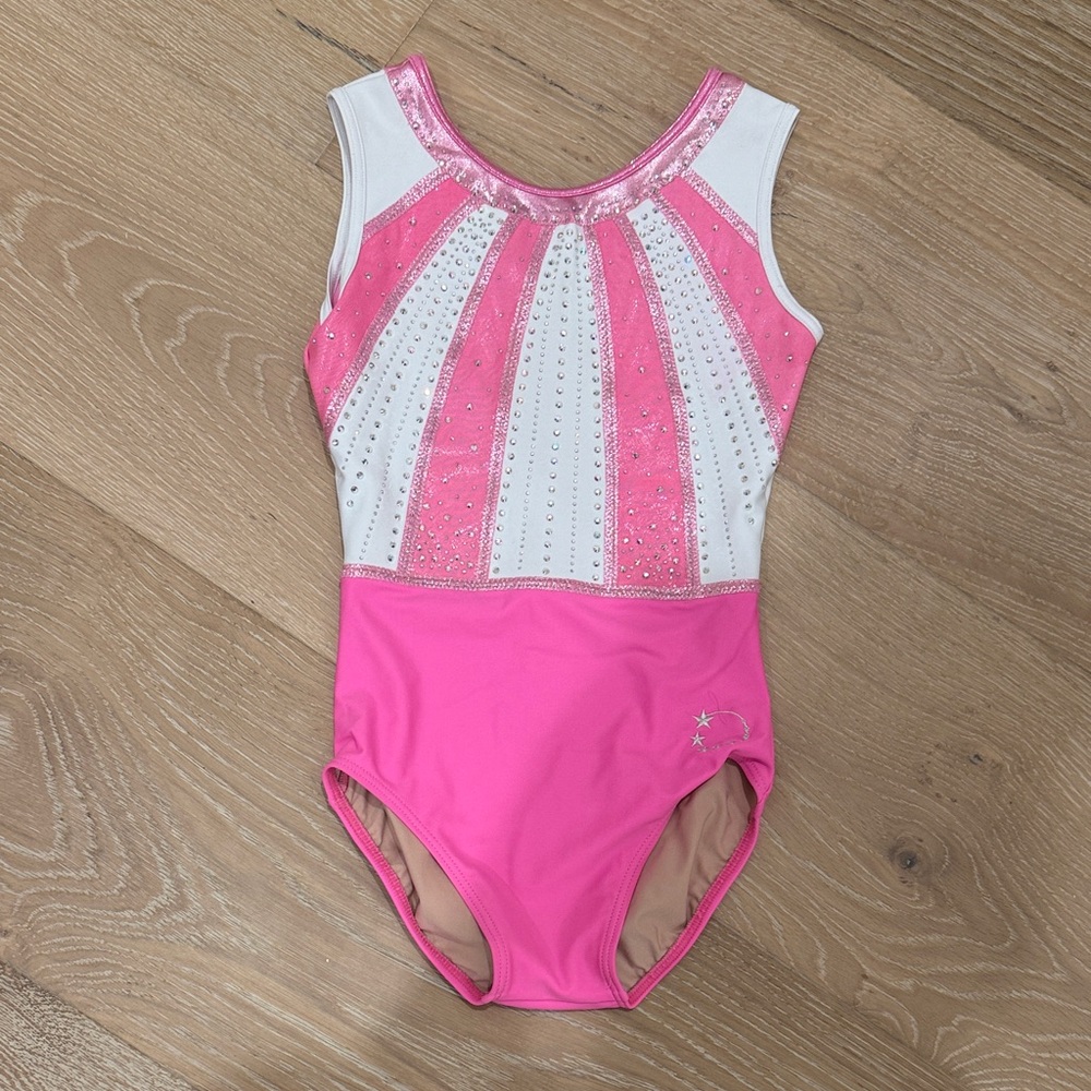 Pink and White Little Stars Kids Gymnastics Leotard